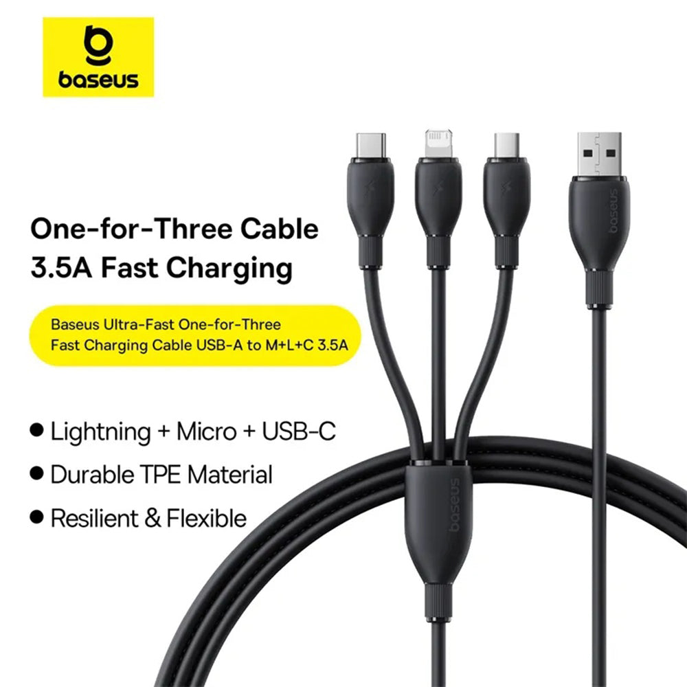 Kabel pro nabíjení USB-C - Lightning / microUSB / USB-C Baseus Ultra Fast 3v1, 20W, 0.8m, Černý P10377501111-00