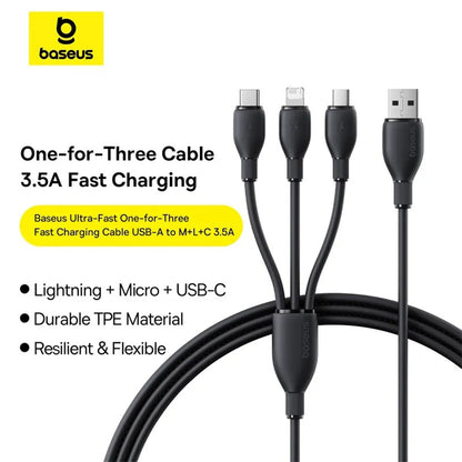 Kabel pro nabíjení USB-C - Lightning / microUSB / USB-C Baseus Ultra Fast 3v1, 20W, 0.8m, Černý P10377501111-00