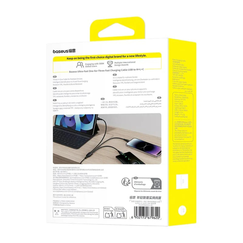 Kabel pro nabíjení USB-C - Lightning / microUSB / USB-C Baseus Ultra Fast 3v1, 20W, 0.8m, Černý P10377501111-00