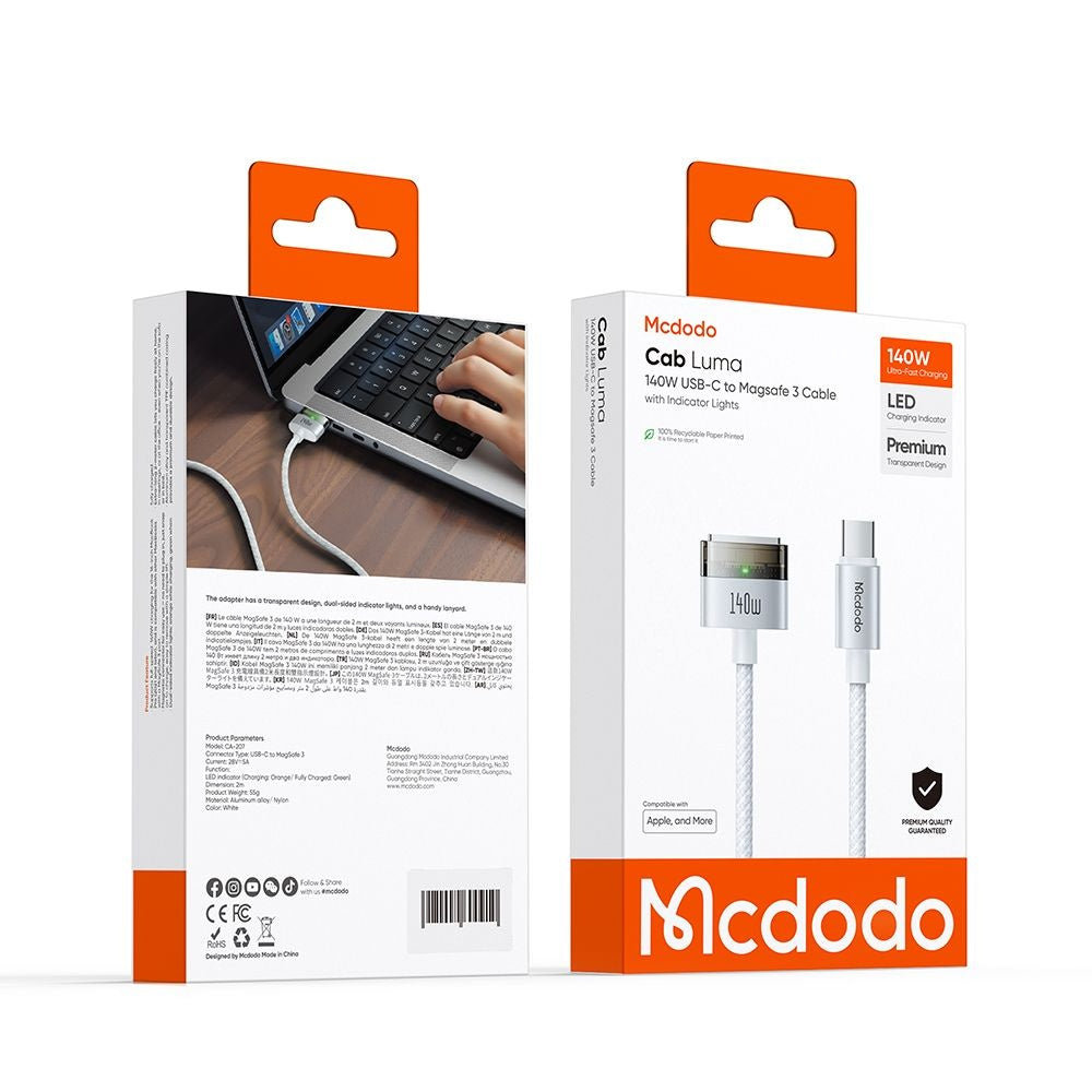 Nabíjecí kabel McDodo CA-2071, USB-C - MagSafe 3, 140W, 2m, Bílý