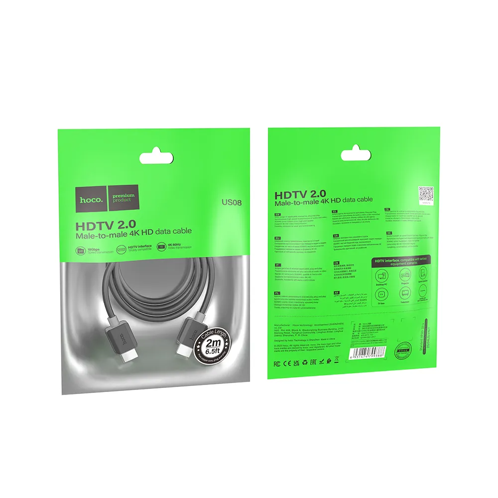 Video kabel HOCO US08, HDMI - HDMI, 4K, 2m, černý