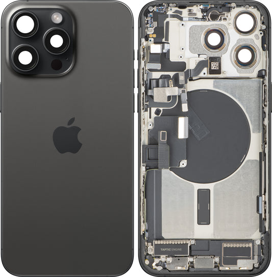 Apple iPhone 15 Pro Max Battery Cover, With Middle Case, Full Parts, Black (Black Titanium), Premium Swap