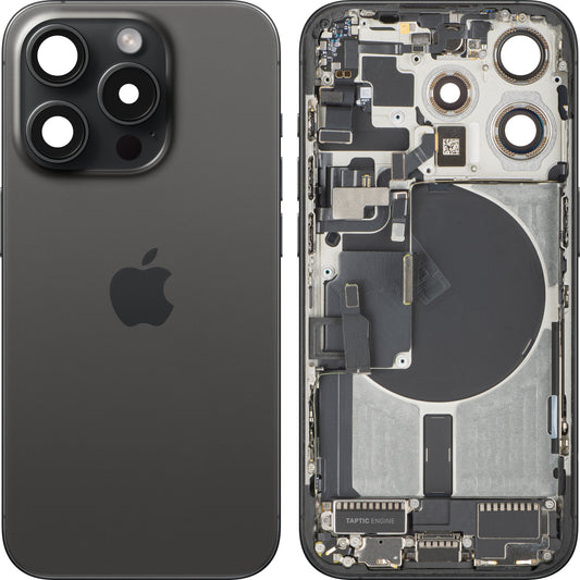 Zadní kryt baterie Apple iPhone 15 Pro, s prostředním krytem, kompletní díly, černý (Black Titanium), výměna