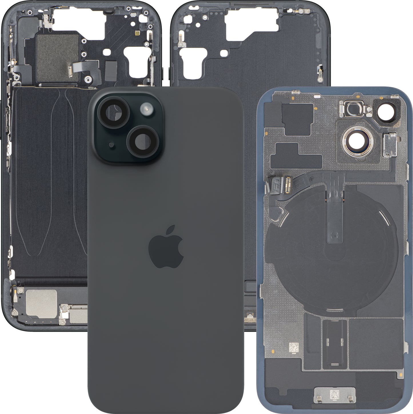Kryt baterie Apple iPhone 15, s prostředním krytem, kompletní díly, černý, Swap
