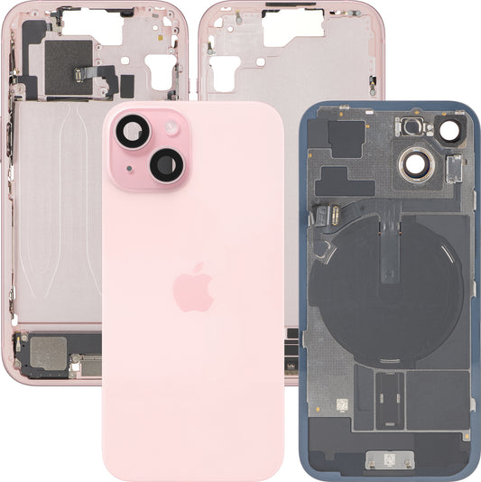 Zadní kryt baterie Apple iPhone 15, se středním rámečkem, kompletní díly, růžový, prémiová výměna