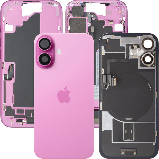 Zadní kryt baterie Apple iPhone 16, se středním rámečkem, kompletní díly, růžový, prémiová výměna
