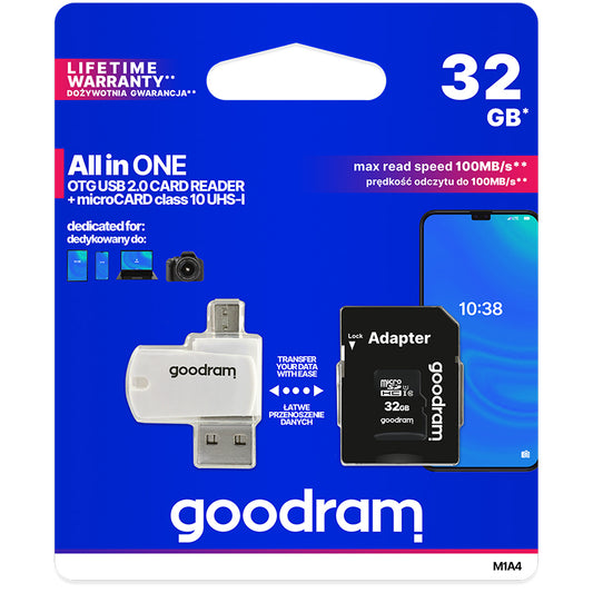 Paměťová karta microSDHC GoodRam, 32GB, Třída 10 / UHS-1 U1, s čtečkou karet a adaptérem M1A4-0320R12