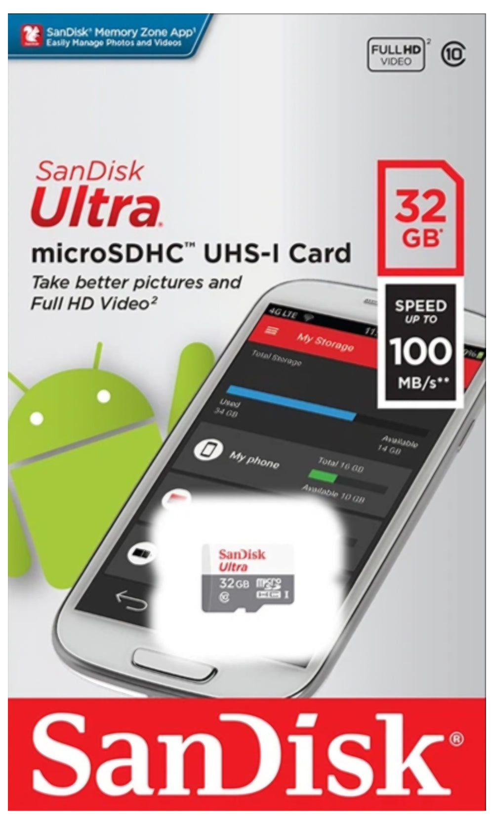 Paměťová karta microSDHC SanDisk Ultra, 32Gb, Třída 10 SDSQUNR-032G-GN3MN