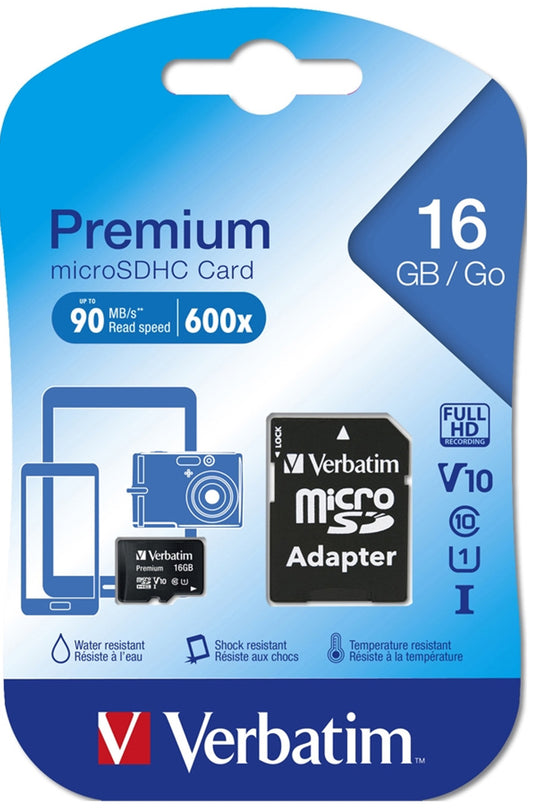 Paměťová karta microSDHC Verbatim, 16Gb, Třída 10 / UHS-1 U1, S adaptérem