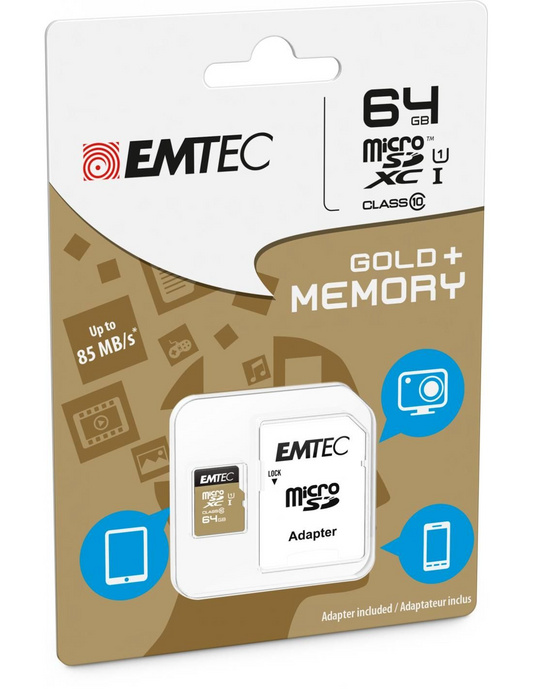 Paměťová karta microSDXC Emtec Gold+, 64Gb, Třída 10 / UHS-1 U1, S adaptérem ECMSDM64GXC10GP