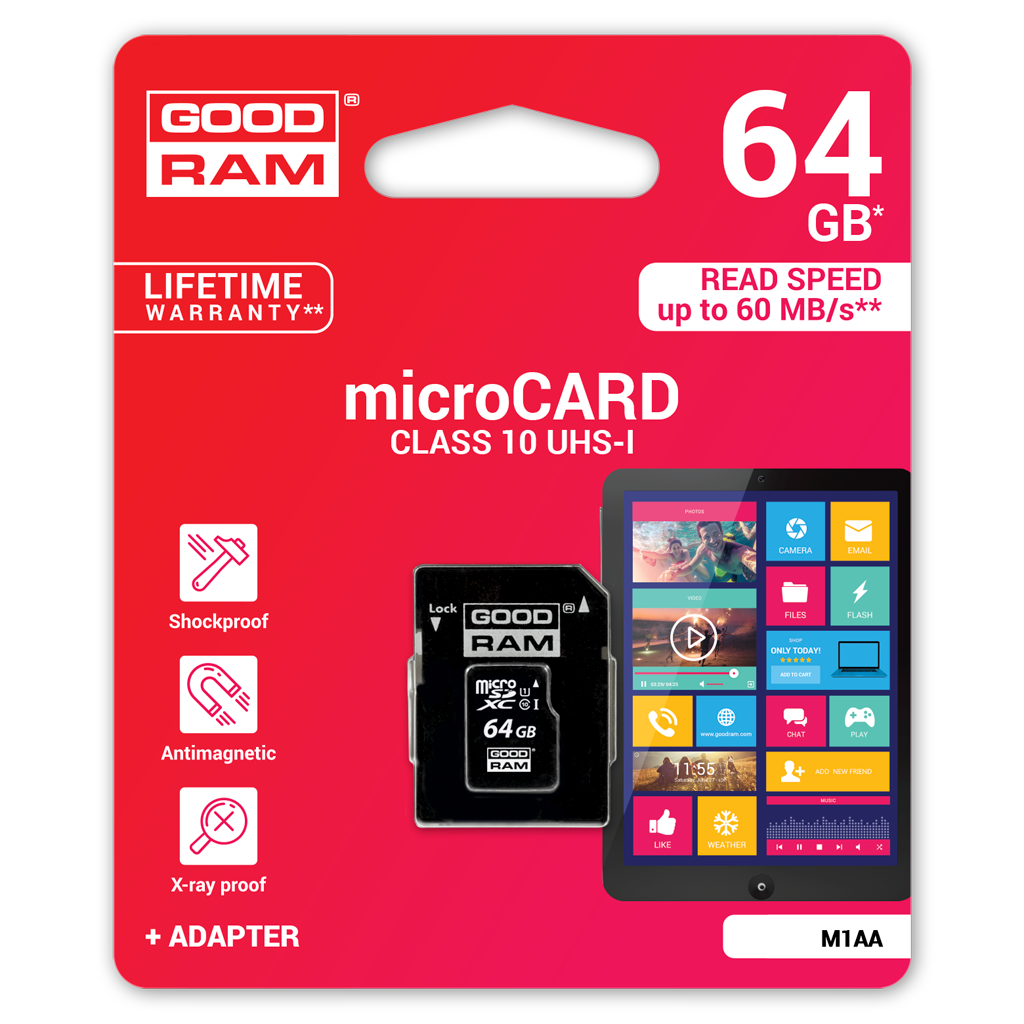 Paměťová karta microSDXC GoodRam, 64GB, Třída 10 / UHS-1 U1, s adaptérem M1AA-0640R12