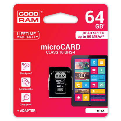 Paměťová karta microSDXC GoodRam, 64GB, Třída 10 / UHS-1 U1, s adaptérem M1AA-0640R12