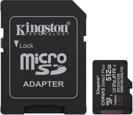 Paměťová karta microSDXC Kingston Canvas Select Plus Android A1, 512Gb, Třída 10 / UHS-1 U3, S adaptérem SDCS3/512GB