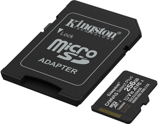 Paměťová karta microSDXC Kingston Canvas Select Plus Android A1, 256Gb, Třída 10 / UHS-1 U1, S adaptérem SDCS3/256GB