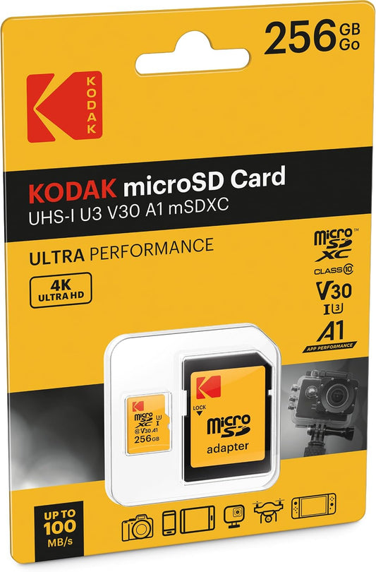 Paměťová karta microSDXC Kodak Ultra Performance, 256GB, Třída 10 / UHS-1 U3, s adaptérem EKMSDM256GXC10HPRK