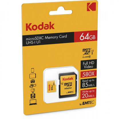 Kodak microSDXC Memory Card, 64Gb, Class 10 / UHS-1 U1, With Adapter EKMSDM64GXC10K