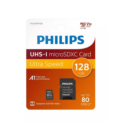 Paměťová karta microSDXC Philips, 128Gb, Třída 10 / UHS-1 U1, S adaptérem FM12MP45B/10