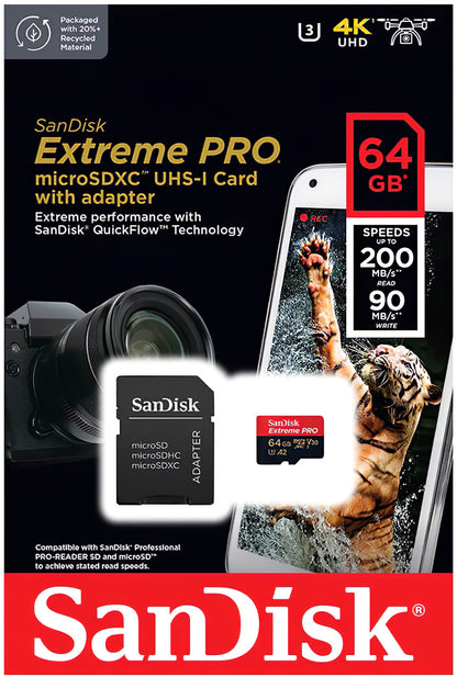 Paměťová karta microSDXC SanDisk Extreme Pro, 64Gb, Třída 10 / UHS-1 U3, S adaptérem SDSQXCU-064G-GN6MA