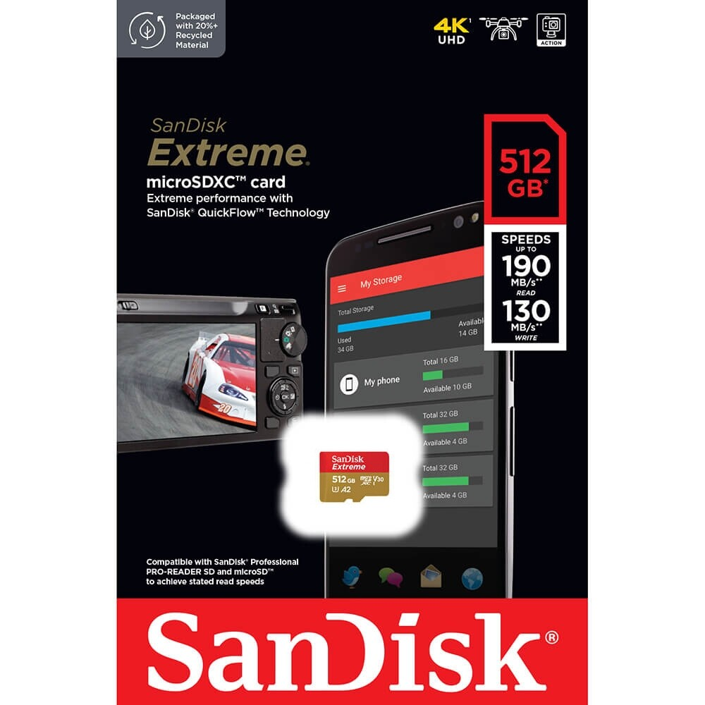 Paměťová karta microSDXC SanDisk Extreme, 512Gb, Třída 10 / UHS-1 U3 SDSQXAV-512G-GN6MN