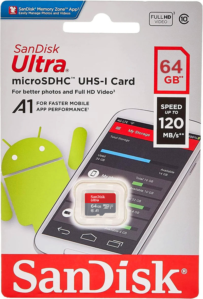 Paměťová karta microSDXC SanDisk Ultra Android A1, 64Gb, Třída 10 / UHS-1 U1 SDSQUAB-064G-GN6MN