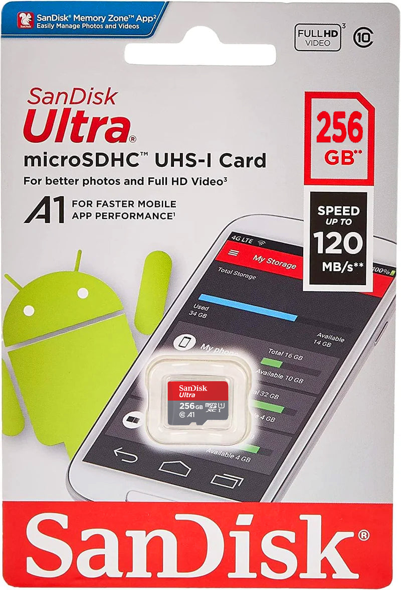 SanDisk Ultra Android A1 microSDXC Memory Card, 256Gb, Class 10 / UHS-1 U1 SDSQUAC-256G-GN6MN