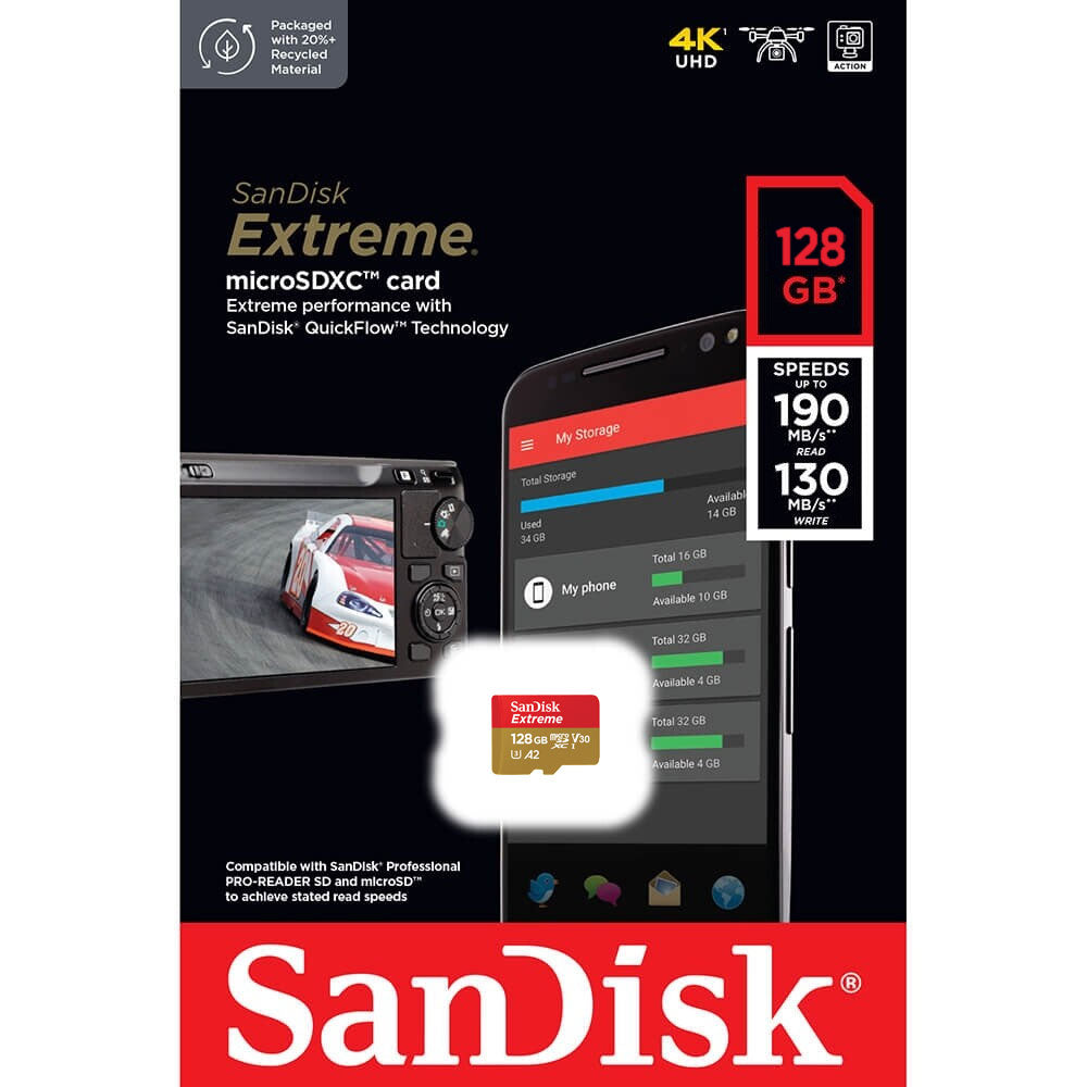 Paměťová karta SanDisk Extreme microSDXC, 128Gb, Class 10 / UHS-1 U3 SDSQXAA-128G-GN6MN 
