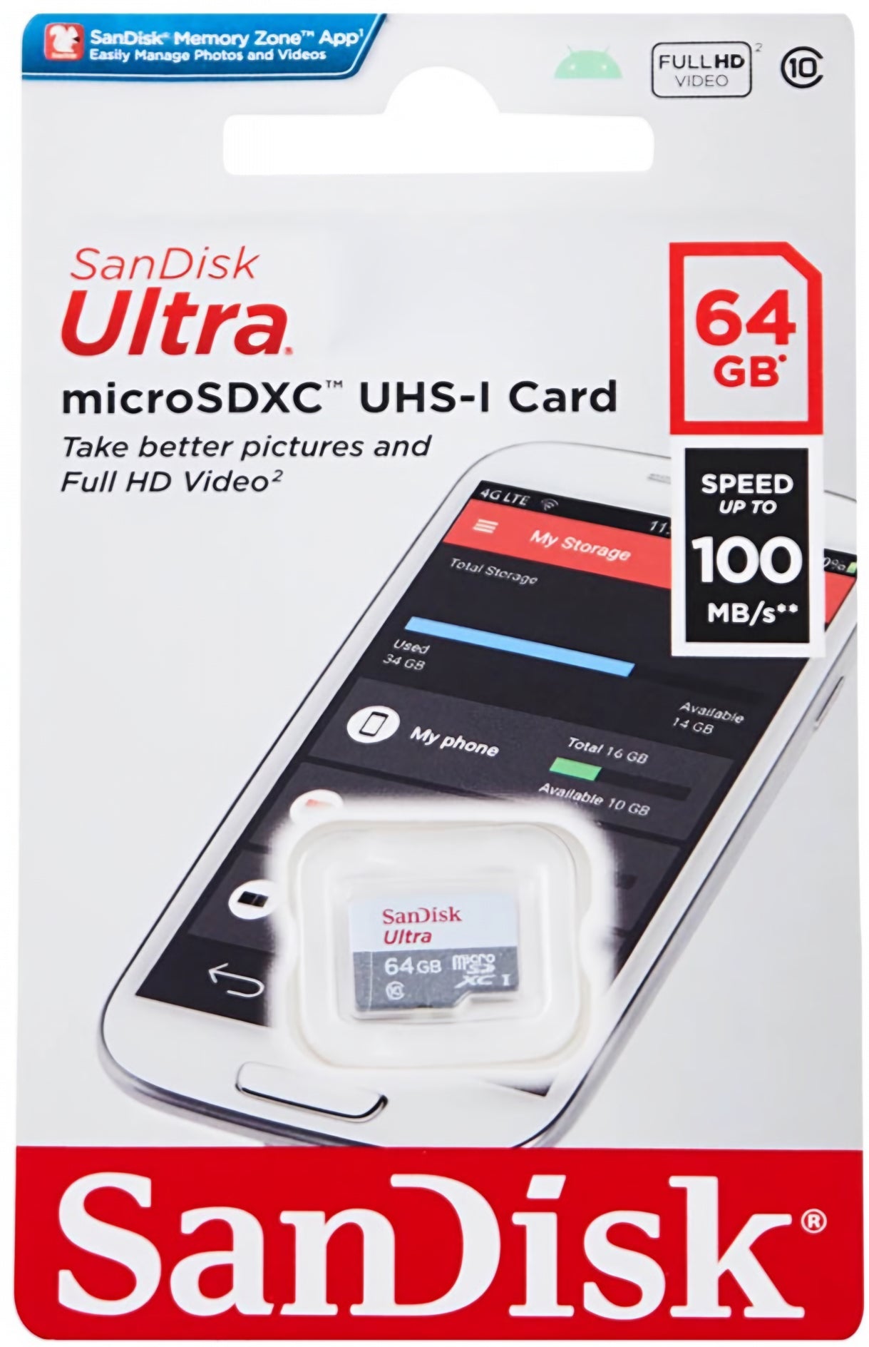 Paměťová karta microSDXC SanDisk Ultra, 64Gb, Třída 10 SDSQUNR-064G-GN3MN