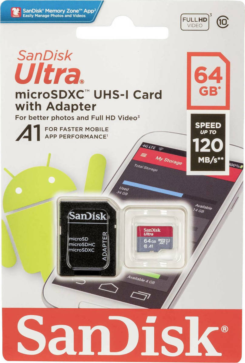 Paměťová karta microSDXC SanDisk Ultra Android A1, 64Gb, Třída 10 / UHS-1 U1, S adaptérem SDSQUAB-064G-GN6MA