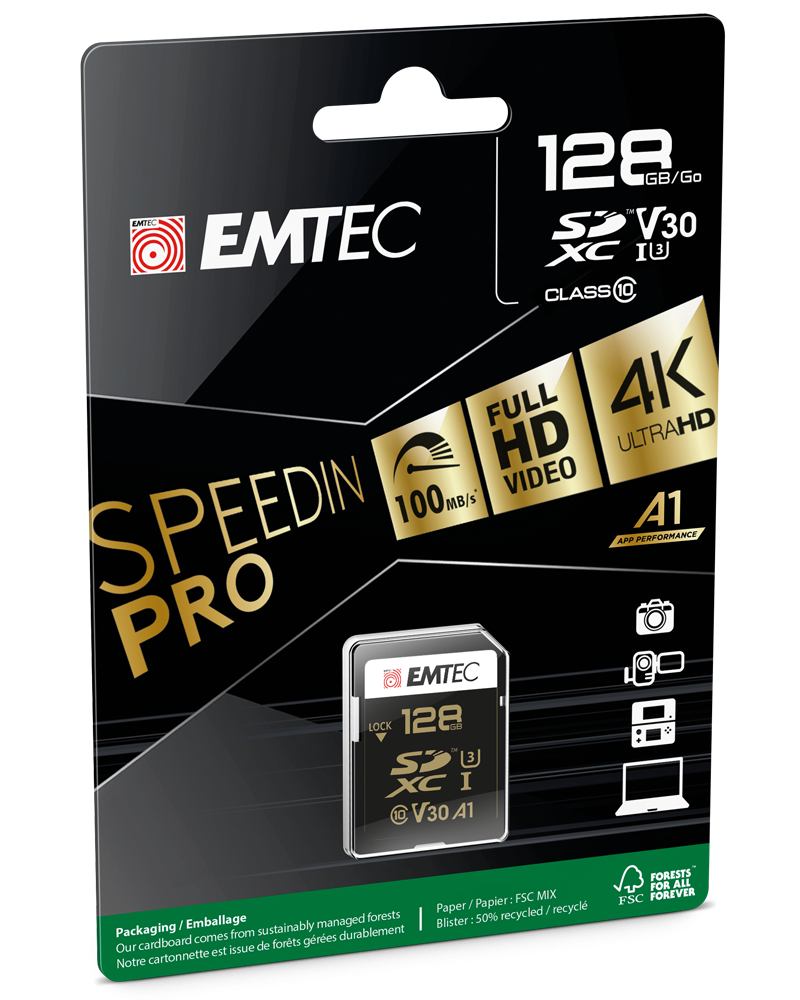Paměťová karta SDXC Emtec SpeedIn Pro, 128Gb, Třída 10 / UHS-1 U3 ECMSD128GXC10SP