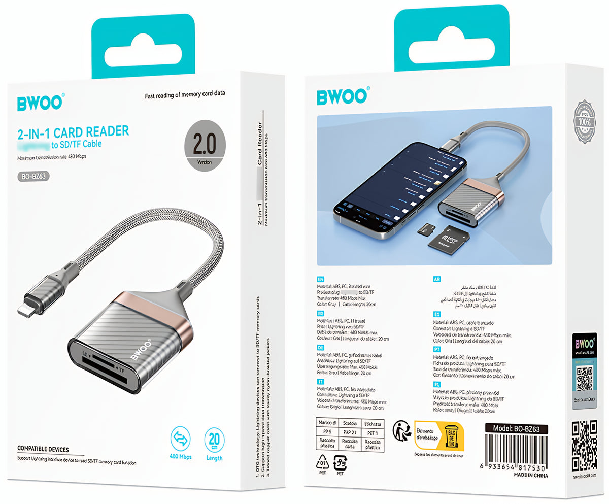 Čtečka karet Lightning BWOO BZ63, SD – microSD, šedá