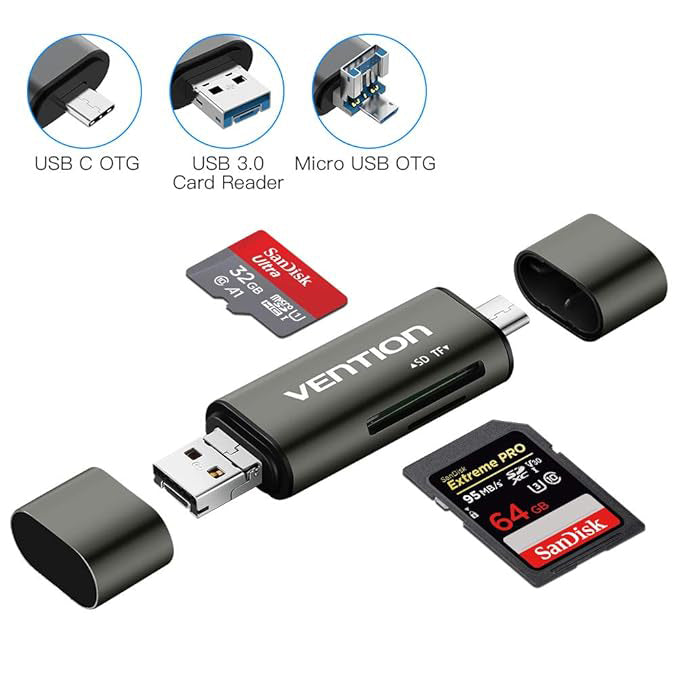 Čtečka karet USB / USB-C / microUSB Vention, SD - microSD, Šedá CCJH0