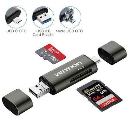 Čtečka karet USB / USB-C / microUSB Vention, SD - microSD, Šedá CCJH0
