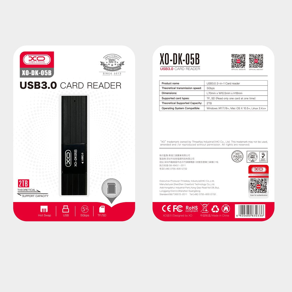Čtečka karet USB 3.0 XO Design DK05B, SD - microSD, černá