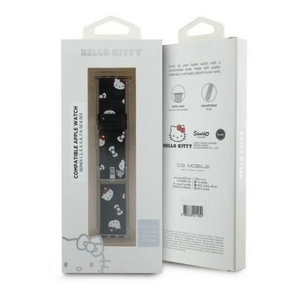 Pásek Hello Kitty Leather Kitty & Bows pro Apple Watch 42mm / 41mm / 40mm / 38mm Series, Černý