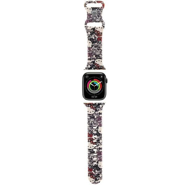 Řemínek Hello Kitty Silicone Tags Graffiti pro Apple Watch 42mm / 41mm / 40mm / 38mm Series, béžový