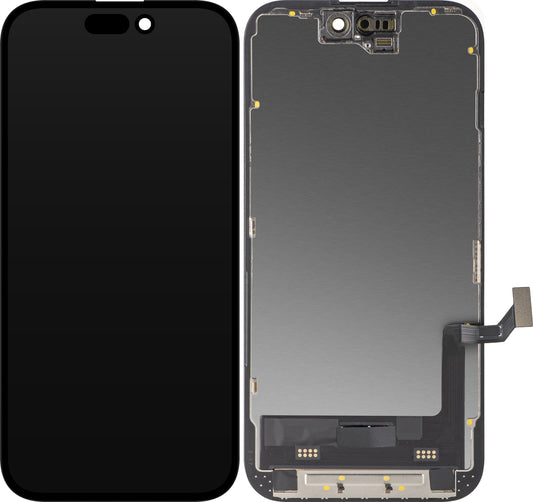 Displej s dotykovou obrazovkou MP kompatibilní s Apple iPhone 15, s rámem, verze Soft OLED FHD Diagnostic, černý