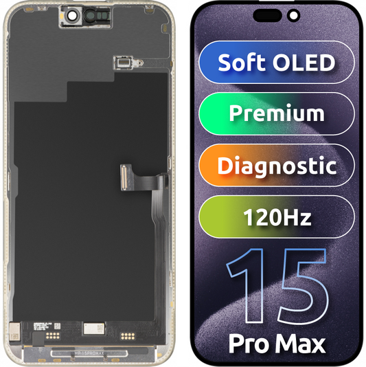 Displej s dotykovou obrazovkou MP kompatibilní s Apple iPhone 15 Pro Max, s rámečkem, prémiová verze Soft OLED FHD 120Hz diagnostická, černá, znovu zabalený