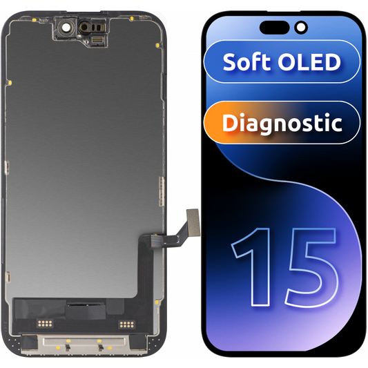 Displej s dotykovou obrazovkou MP kompatibilní s Apple iPhone 15, s rámem, verze Soft OLED FHD Diagnostic, černý