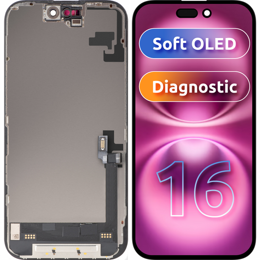 Displej s dotykovým panelem MP kompatibilní s Apple iPhone 16, s rámem, verze Soft OLED FHD Diagnostic, černý