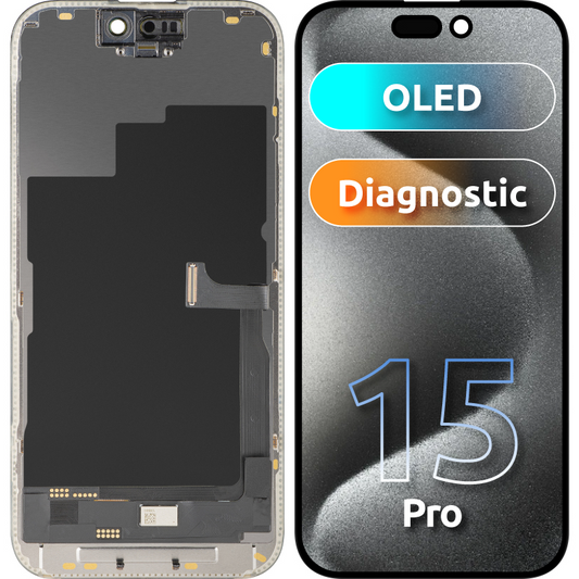 Displej s dotykovým panelem MP kompatibilní s Apple iPhone 15 Pro, s rámem, verze OLED FHD Diagnostic, černý