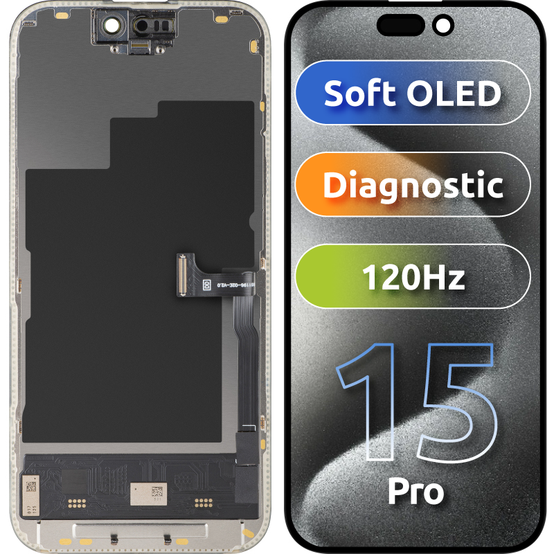 Displej s dotykovým panelem MP kompatibilní s Apple iPhone 15 Pro, s rámem, verze Soft OLED FHD 120Hz Diagnostic, černý