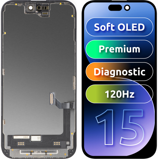 MP dotykový displej kompatibilní s Apple iPhone 15, s rámečkem, prémiová verze Soft OLED FHD 120Hz diagnostický, černý