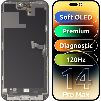 MP dotykový displej kompatibilní s Apple iPhone 14 Pro Max, s rámečkem, prémiová verze Soft OLED FHD 120Hz diagnostický, černý