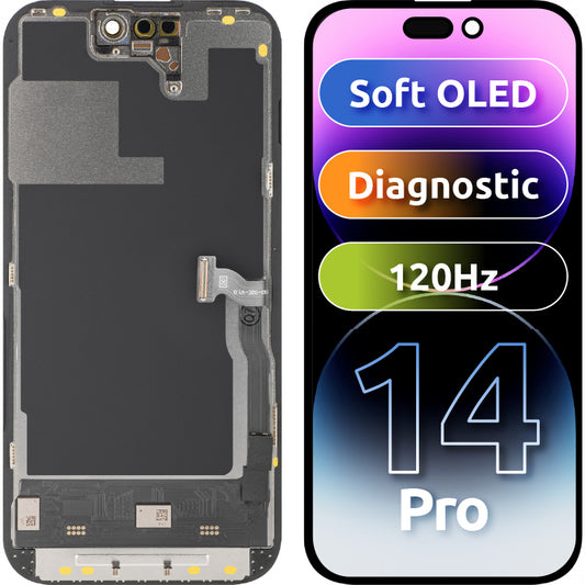 Displej s dotykovým panelem MP kompatibilní s Apple iPhone 14 Pro, s rámem, verze Soft OLED 120Hz FHD Diagnostic, černý