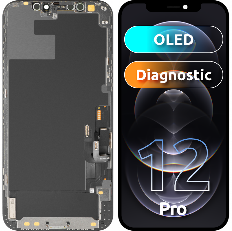 Displej s dotykovým panelem MP kompatibilní s Apple iPhone 12 / 12 Pro, s rámem, verze OLED Diagnostic, černý