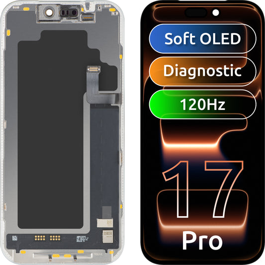 MP dotykový displej kompatibilní s Apple iPhone 17 Pro, s rámečkem, softwarová verze OLED FHD 120Hz diagnostická, černý