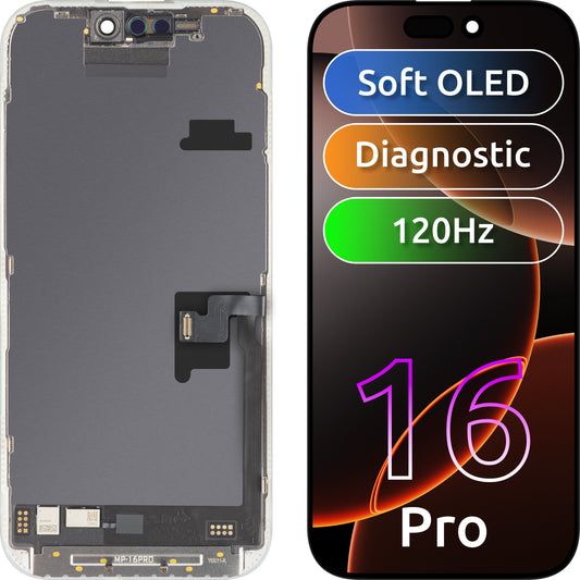 Displej s dotykovou obrazovkou MP kompatibilní s Apple iPhone 16 Pro, s rámečkem, softwarová verze OLED FHD 120Hz diagnostická, černá