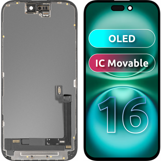 Displej s dotykovým panelem MP kompatibilní s Apple iPhone 16, s rámem, verze OLED IC Movable, černý
