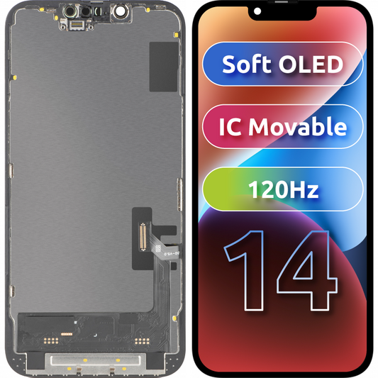 Displej s dotykovým panelem MP kompatibilní s Apple iPhone 14, s rámem, verze Soft OLED FHD 120Hz IC Movable, černý