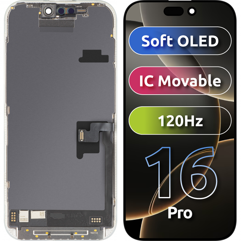 Displej s dotykovým panelem MP kompatibilní s Apple iPhone 16 Pro, s rámem, verze Soft OLED FHD 120Hz IC Movable, černý